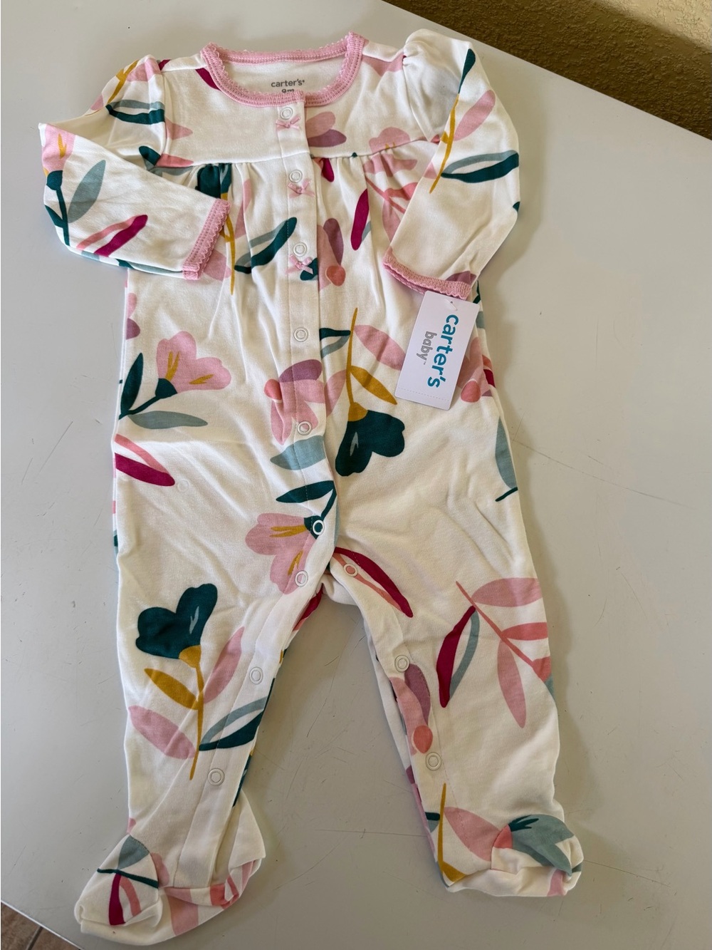 Carter's White Floral Footed One-Piece with Pink & Teal Accents
